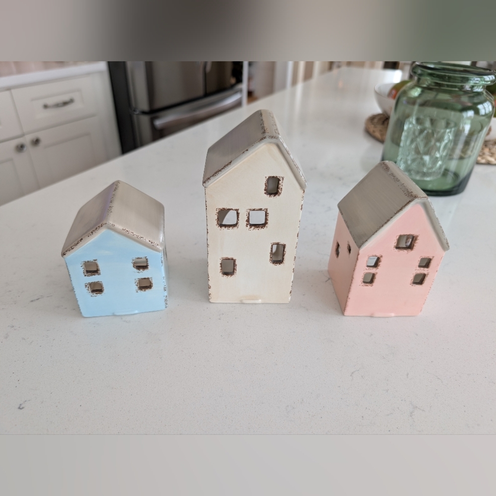 Set of Three Ceramic House Tea Light Holders